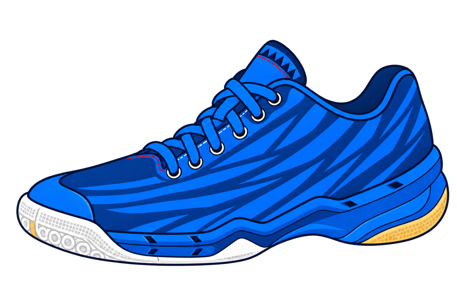 Pictogramme d’une chaussure de badminton bleue et blanche avec une touche rouge, sans marque