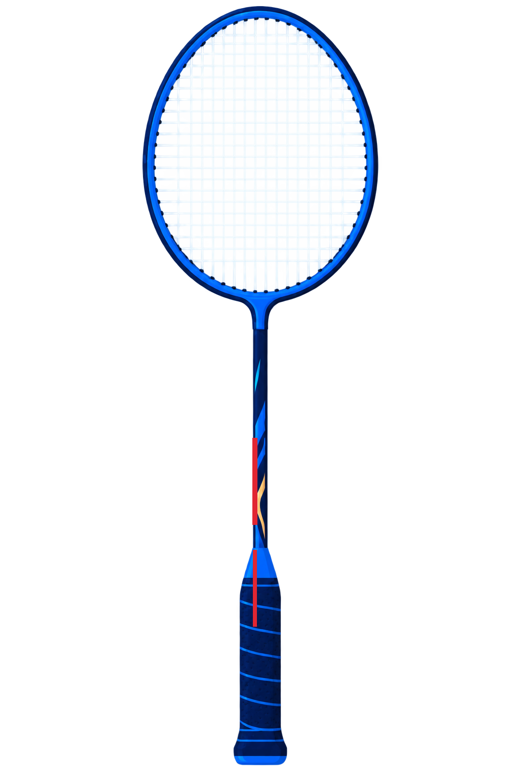 Pictogramme d’une raquette de badminton bleue et blanche avec une touche rouge, sans marque