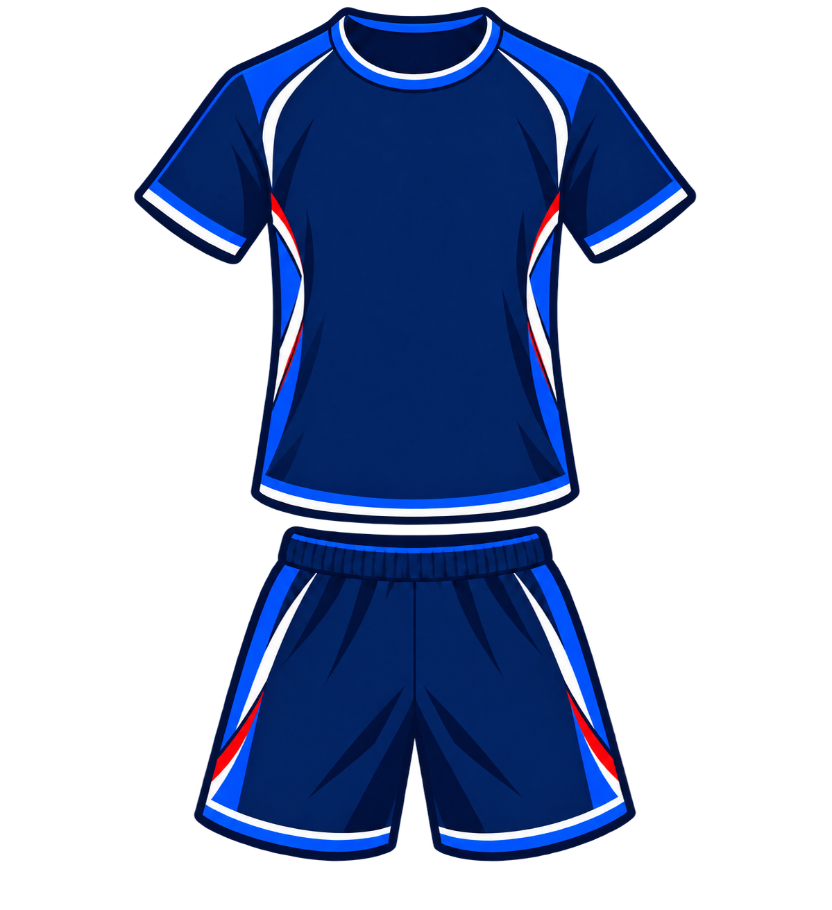 Pictogramme d’un maillot et d’un short de badminton bleu et blanc avec une touche rouge, sans marque